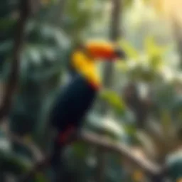 A vibrant toucan perched on a branch in a tropical forest