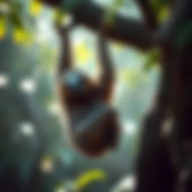 A tree sloth hanging lazily from a branch