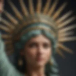 Detailed view of the Statue of Liberty's crown and its seven spikes representing the seven seas and continents.