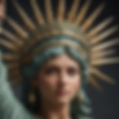 Detailed view of the Statue of Liberty's crown and its seven spikes representing the seven seas and continents.