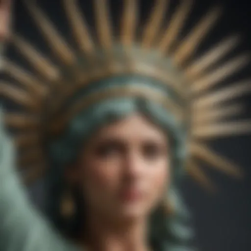Detailed view of the Statue of Liberty's crown and its seven spikes representing the seven seas and continents.
