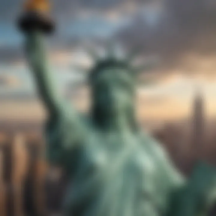 Artistic representation of the Statue of Liberty against the backdrop of New York City, symbolizing its connection to democracy.