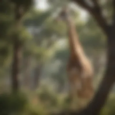 Mature giraffe browsing on treetops, showcasing its height