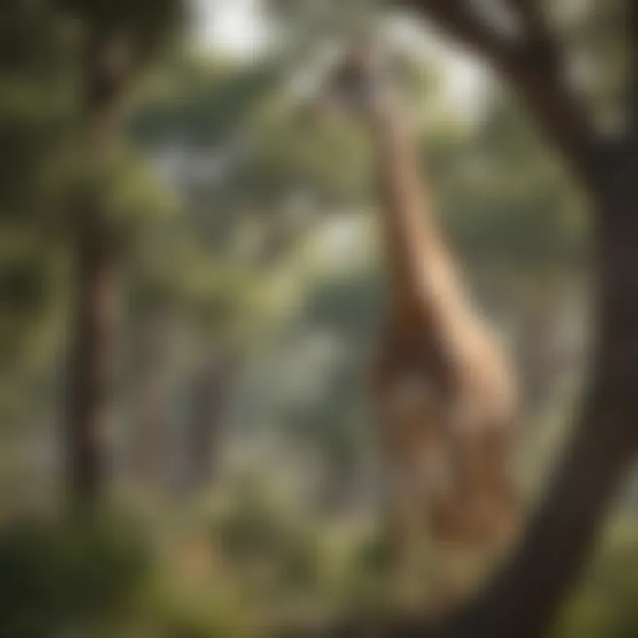Mature giraffe browsing on treetops, showcasing its height