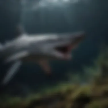 Goblin shark swimming in its deep-sea habitat with a mysterious ambiance