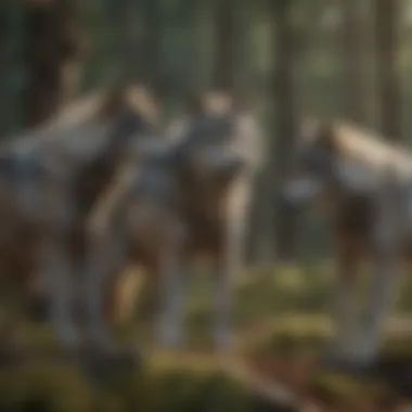 A pack of gray wolves interacting in their natural habitat