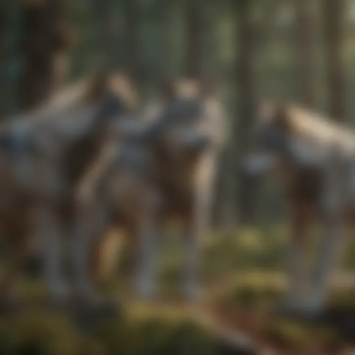 A pack of gray wolves interacting in their natural habitat