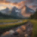 A breathtaking view of the Canadian Rockies at sunrise, showcasing dramatic peaks and lush valleys.