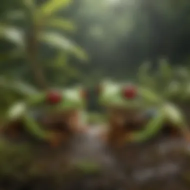 Juvenile red-eyed tree frogs in a vibrant ecosystem, illustrating their adaptability.