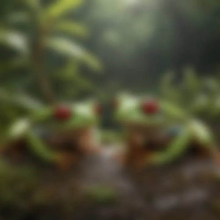 Juvenile red-eyed tree frogs in a vibrant ecosystem, illustrating their adaptability.