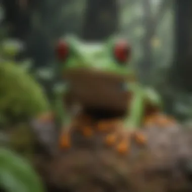 A close-up of a red-eyed tree frog blending into its rainforest surroundings.
