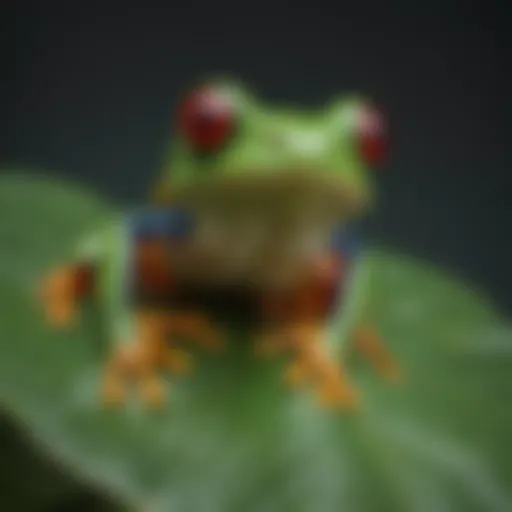 A vibrant red-eyed tree frog perched on a green leaf, showcasing its striking colors.