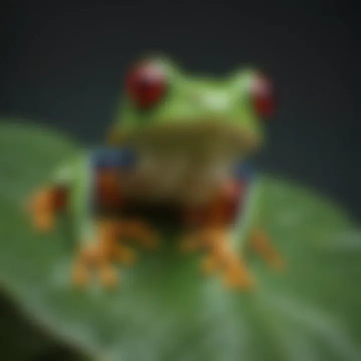 A vibrant red-eyed tree frog perched on a green leaf, showcasing its striking colors.