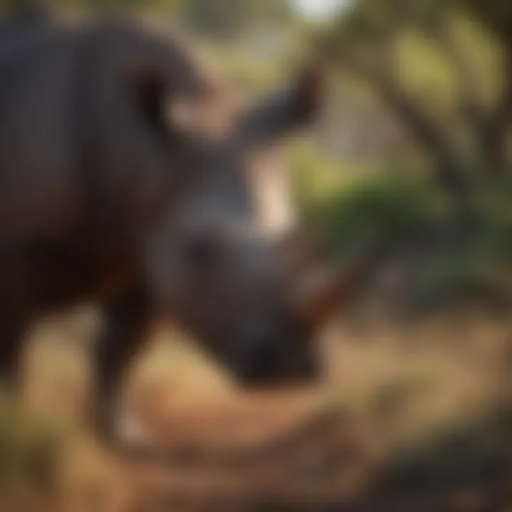 A close-up view of a black rhino grazing in dense bushland