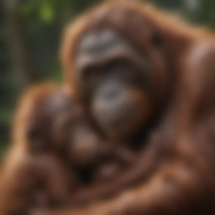 An orangutan mother nurturing her baby, highlighting their strong familial bonds and social structures