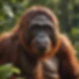 A close-up of an orangutan in its natural habitat, showcasing its expressive eyes and lush surroundings