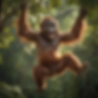 A playful young orangutan swinging from tree branches, displaying its agility and intelligence