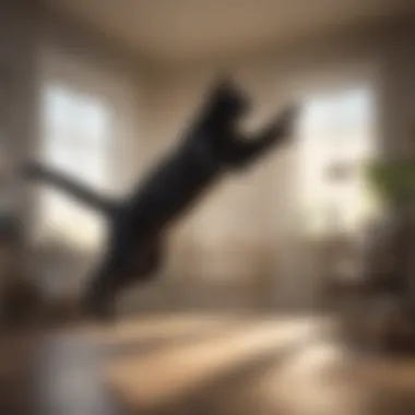 Elegance in Motion: A sleek black cat gracefully leaping across a sunlit room