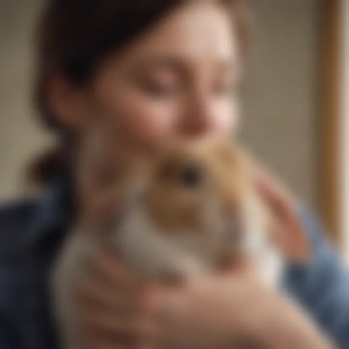 Intimacy in Silence: A small rabbit nestled snugly in the arms of a loving owner