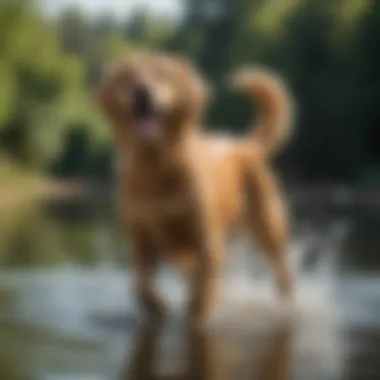 Embracing Playfulness: A lively golden retriever splashing in a crystal-clear lake