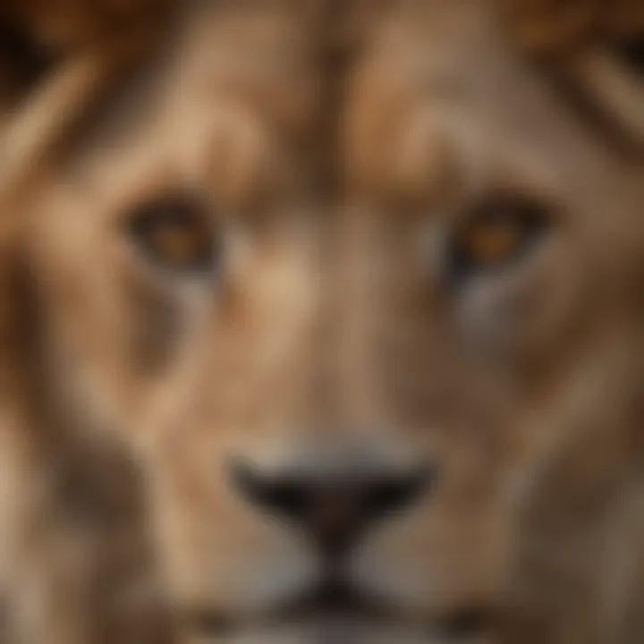 A close-up of a lion's fierce eyes, showcasing its powerful gaze