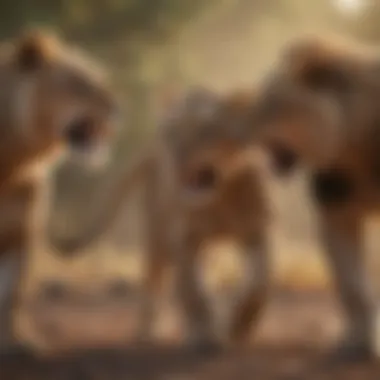 A pride of lions interacting playfully in their natural habitat
