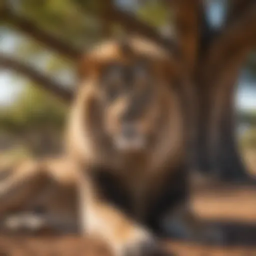 A majestic lion resting under the shade of a tree in the savannah
