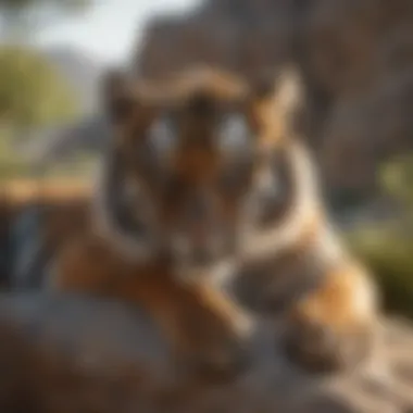 Tiger resting on a rock under the sun