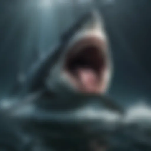 Illustration of a megalodon hunting its prey in the ocean depths.