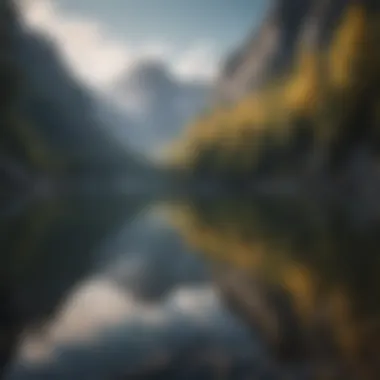 A serene mountain lake reflecting the surrounding peaks.