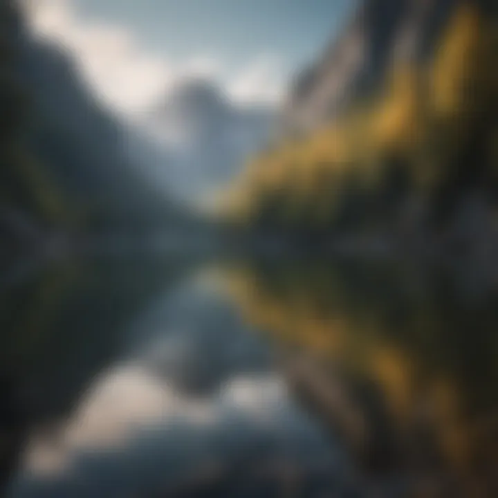 A serene mountain lake reflecting the surrounding peaks.