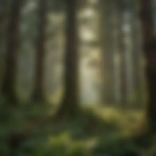 A panoramic view of the lush forests along the Northwest Pacific Coast, showcasing towering trees and vibrant undergrowth.