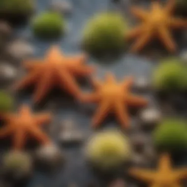 Close-up of unique marine life found in tide pools, featuring colorful starfish and sea anemones.