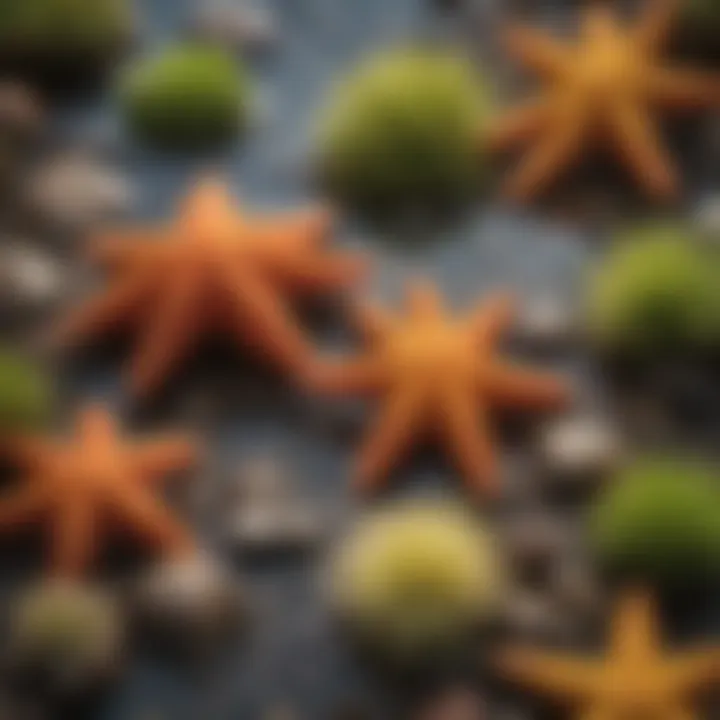 Close-up of unique marine life found in tide pools, featuring colorful starfish and sea anemones.