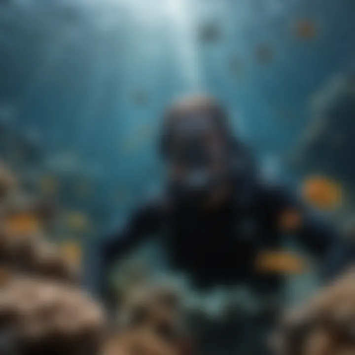 A diver observing a school of tropical fish