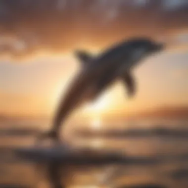 A playful dolphin jumping out of the water against a sunset backdrop.