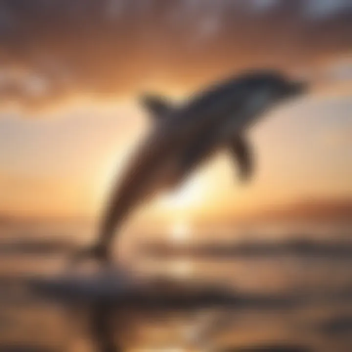 A playful dolphin jumping out of the water against a sunset backdrop.