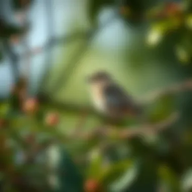 Mockingbird Size Comparison in Nature A mockingbird perched on a branch, demonstrating its size in comparison to surrounding flora.