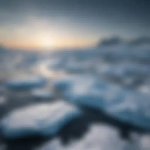 Aerial view of the Antarctic ice sheet reflecting sunlight