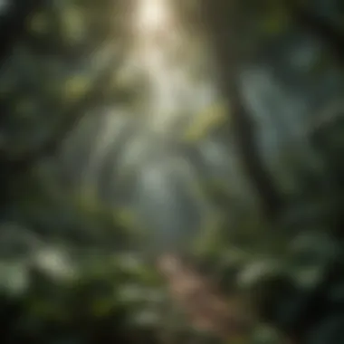 Lush rainforest canopy with sunlight filtering through