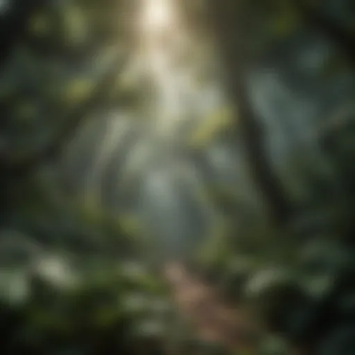 Lush rainforest canopy with sunlight filtering through