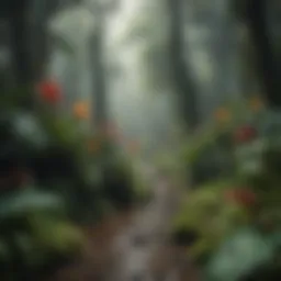 A vibrant collage of rainforest flora and fauna showcasing unusual plant species and colorful wildlife.