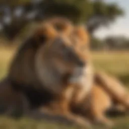 Majestic African lion resting in the grasslands