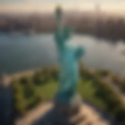 Aerial view of the Statue of Liberty against the New York skyline.