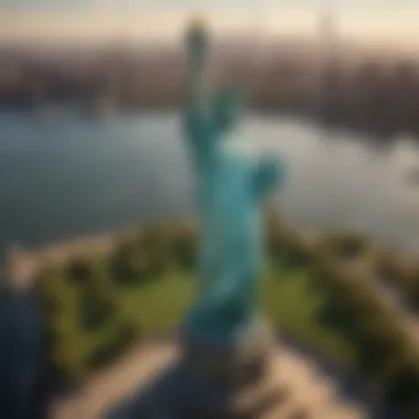 Aerial view of the Statue of Liberty against the New York skyline.