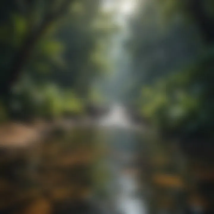 A clear stream flowing through a rich tropical landscape filled with life