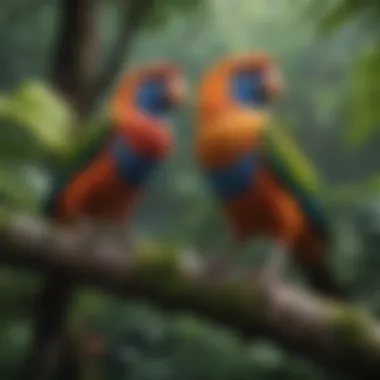 Colorful tropical birds perched on branches amidst vibrant foliage