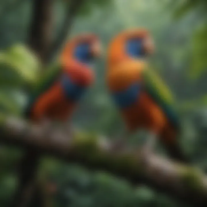 Colorful tropical birds perched on branches amidst vibrant foliage