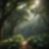 Lush green canopy of a tropical rainforest with sunlight filtering through