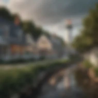 A picturesque view of a coastal town with charming houses and a lighthouse.